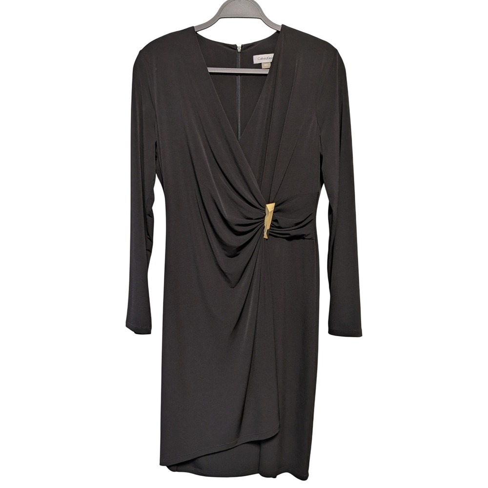 Calvin Klein Sheath Dress 12 Black Gold Hardware Long Sleeve V-Neck Professional
